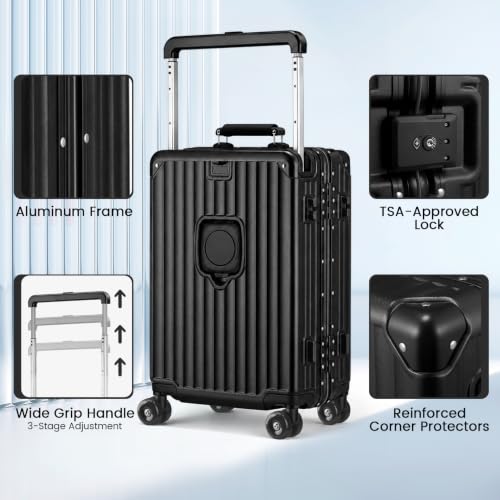 Xtaeptos 20 Inch Wide Handle Carry on Luggage with Cup Holder, Hardside - color: All Black