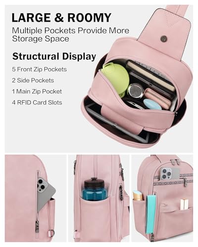 FADEON Large Sling Bag for Women, Designer 10L Leather Crossbody Purse - color: Pink Retro Style