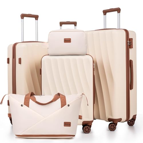 Eeeza Luggage Sets 5 Piece Suitcases with Wheels(White, 20"/24"/28" DB/TB) - color: Beige, size: 5 Piece Sets (20/24/28/DB/TB)
