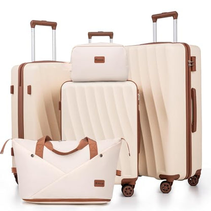 Eeeza Luggage Sets 5 Piece Suitcases with Wheels(White, 20"/24"/28" DB/TB) - color: Beige, size: 5 Piece Sets (20/24/28/DB/TB)