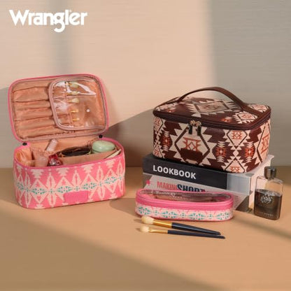 Wrangler Travel Makeup Bag 2pcs Set Cosmetic Bag with Makeup Brush Holder | Portable Make Up Organizer,Large Toiletry Bag with Divider and Handle for Women - color: Aztec-Pink