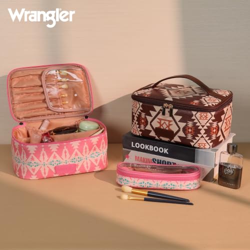 Wrangler Travel Makeup Bag 2pcs Set Cosmetic Bag with Makeup Brush Holder - color: Aztec-Pink