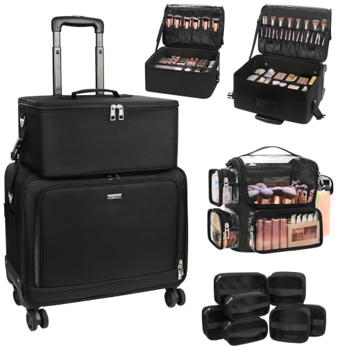 TANTO Rolling Makeup Train Case, Makeup Bag with 7 Pouches & Brush Holder - color: 04-Black（2 in 1） +Brush Bag