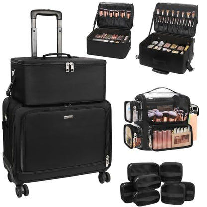 TANTO Rolling Makeup Train Case, Makeup Bag with 7 Pouches & Brush Holder - color: 04-Black（2 in 1） +Brush Bag