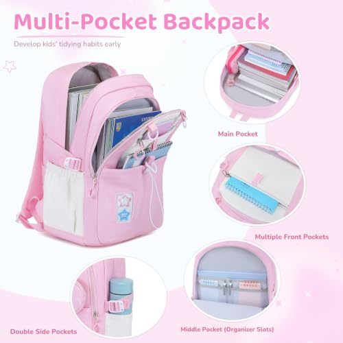 DIGOBAY Backpack for Girls, 5PCS School Bookbag with Lunch Box Pencil Case - color: Pink
