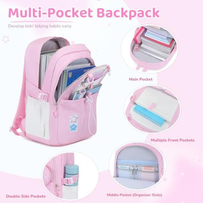 DIGOBAY Backpack for Girls, 5PCS School Bookbag with Lunch Box Pencil Case - color: Pink