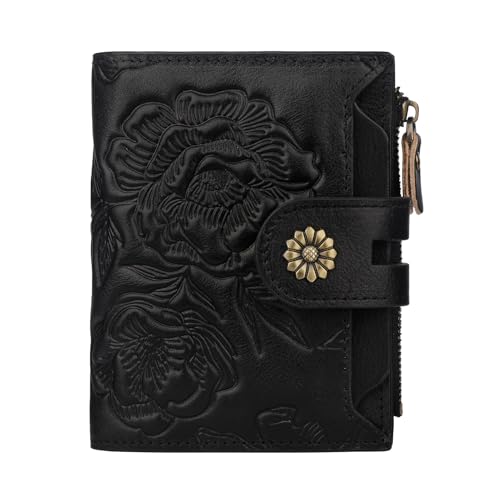 Womens Wallet,RFID Blocking Leather Wallet Womens Bifold Card Holder Small Compact Wallet for Women with Removable ID Window(yhblack) - color: c2-embossed black