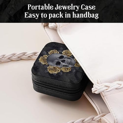 Gothic Skull with Roses Small Travel Jewelry Case with Mirror