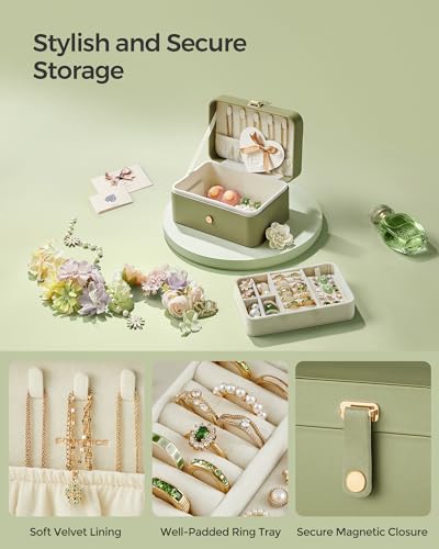 SONGMICS Travel Jewelry Organizer, 2-Layer Portable Jewelry Box Case - color: Laurel Green