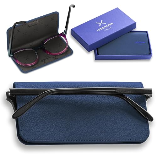 Luxury Slim Leather Glasses Case | Handmade Full-Grain Leather Eyewear Wrap with Magnetic Closure & Gift Box - color: Blue