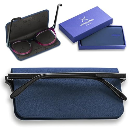 Luxury Slim Leather Glasses Case | Handmade Full-Grain Leather Eyewear Wrap with Magnetic Closure & Gift Box - color: Blue