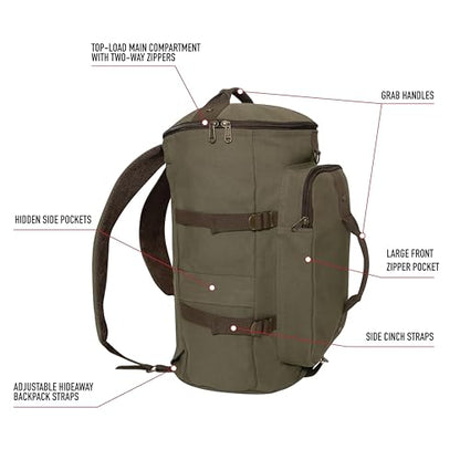 Rothco Convertible Canvas Duffle Backpack – Outdoor Camping Weekend Travel Bag 30L - color: Coyote Brown