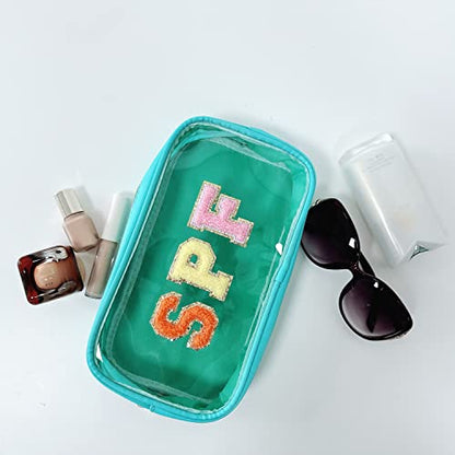 Clear Makeup Letter Bag with Chenille Letter Patch and Glitter SPF for Travel - color: Turquoise-spf