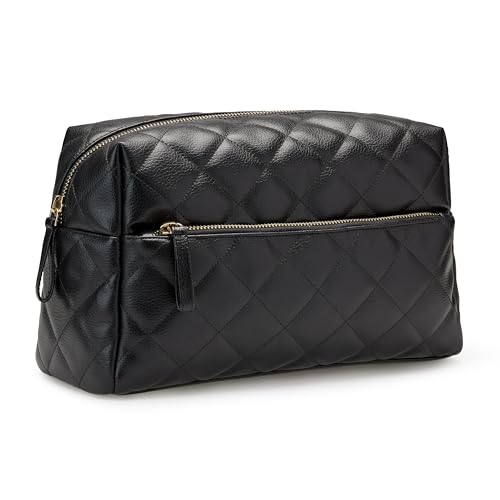 Amazon Essentials Women's Quilted Travel Makeup Bag with Mesh Compartments, Black Faux Leather, One Size - color: Black Faux Leather