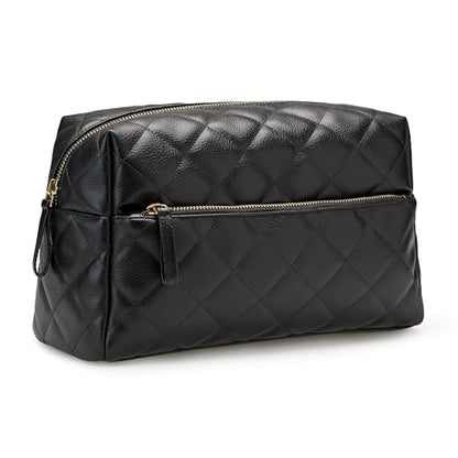 Amazon Essentials Women's Quilted Travel Makeup Bag with Mesh Compartments, Black Faux Leather, One Size - color: Black Faux Leather