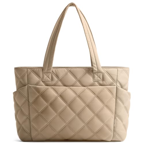 Uselike Tote Bag for Women, Lightweight Puffer Tote Work Bags with Compartments for Travel, Quilted Shoulder Bag with Zipper - color: Light Khaki