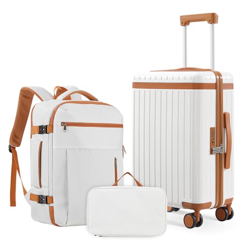 3 Piece Carry On Luggage Set with Backpack, White-Brown | PC+ABS Travel Suitcase Sets Hardshell Rolling Luggage Lightweight Durable - color: White-Brown, size: 20''/BP/TB