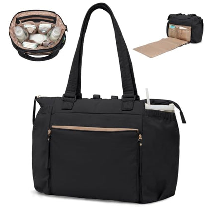 MOMINSIDE Diaper Bag Tote with Changing Station Convertible Diaper Bag Backpack Tote pañaleras para bebe Large Baby Bag, Hospital Bag Mommy Bag Travel Diaper Bag for Mom, 16 Pockets, Black - color: Black