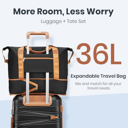 TRAVELEO Luggage Sets 6 Piece Expandable Suitcase (20/24/28), Cosmetic Case - color: Black, size: 6 Piece Set (14in/20in/24in/28in/DB/TB)