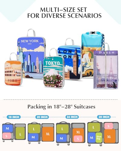 Gonex 6-Piece Compression Packing Cubes with Shoe & Laundry Bags - color: 6-Urban Landscape, size: 6 Set