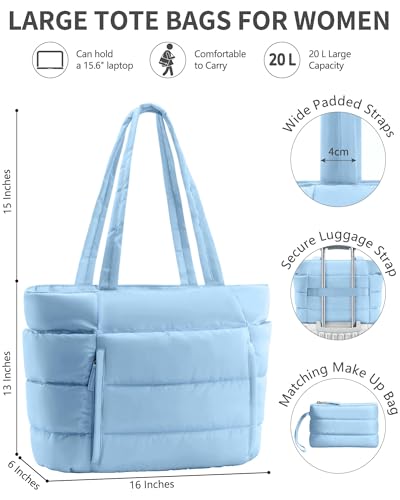 Bagstellar Puffer Tote Bag for Women, Lightweight Puffy Travel Gym Work Bag - color: Denim Blue