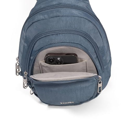 Baggallini Securtex® Anti-Theft Multi Zip Sling - Lightweight 8.6"x15.2" Travel Bag with Locking Zippers & RFID Protection - color: Mist