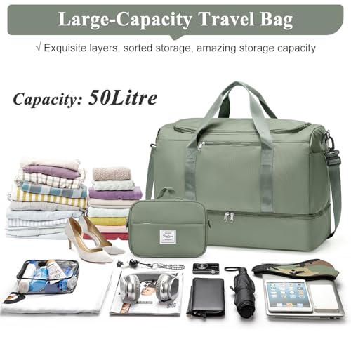 Travel Duffle Bag with Shoes Compartment,Carry-On Weekender Bags for Women - color: Olive Green with Toiletry Bag, size: Large