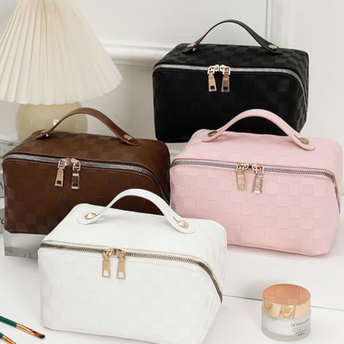 Large Capacity Makeup Bag Portable Travel Cosmetic Bag for Women Girls Gift Makeup Pouch Portable Zipper Bag (White Checkered - upgrade) - color: White Checkered - upgrade