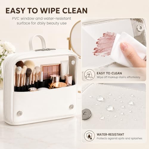 YDR Clear Makeup Brush Bag, High Capacity Stand Up Makeup Brush Holder, Travel Professional Cosmetic Brush Organizer Case, Foldable Makeup Tool Bag for Women and Artists - color: White