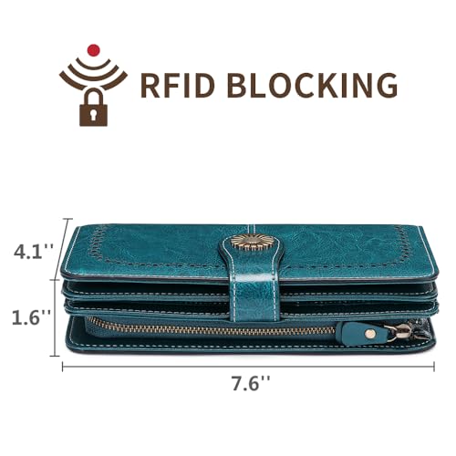 SENDEFN Wallets for Women Leather Credit Card Holder with RFID Blocking Large Capacity Wristlet - color: 1-Wax-A-Blue