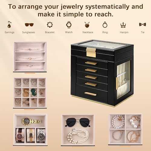 Homeanda Jewelry Boxes with Glass Lid, 6-Layer Large PU Leather, Black - color: Black, size: 6 Layer