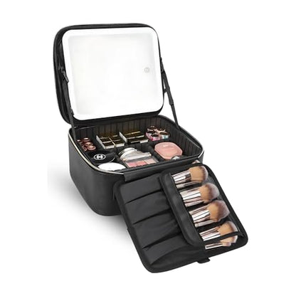 CosmoGlo Lighted Makeup Case With LED Mirror. Portable Travel Vanity Organizer With 3 Light Modes, Adjustable Dividers, Rechargeable, Durable Water-Resistant Bag For gifts for Women And Girls