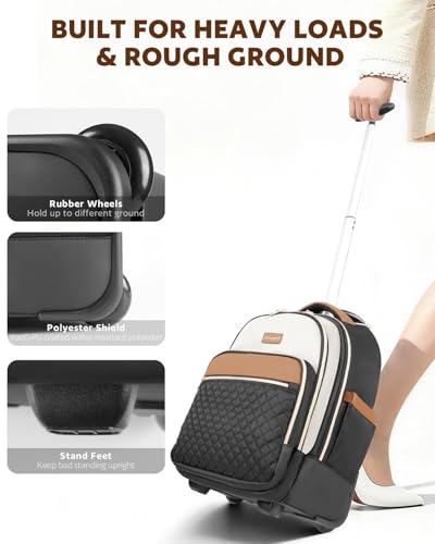 Arcoyard Rolling Backpack for Women, 15.6 Inch Travel Backpack with Wheels - color: Black Beige Brown, size: 15.6-inch