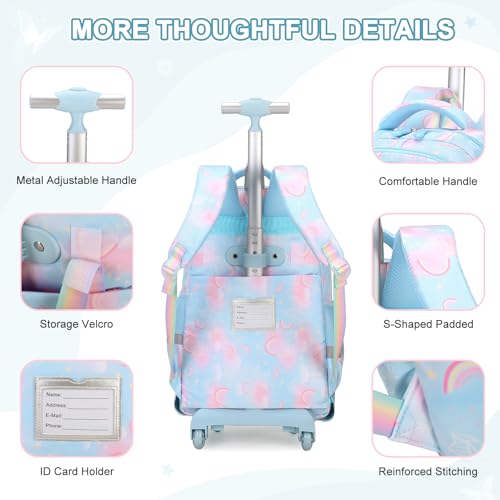 3PCS Rainbow Butterfly Rolling Backpack for Girls with Lunch Box (Blue) - color: Blue