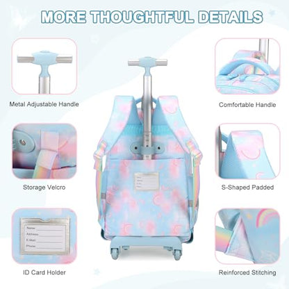 3PCS Rainbow Butterfly Rolling Backpack for Girls with Lunch Box (Blue) - color: Blue