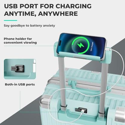 컵 홀더 및 듀얼 USB 포트가 있는 지퍼 없는 휴대용 수하물, 항공사 승인 하드 쉘 슈트케이스, TSA 잠금 장치, 민트 그린., 24인치, 기내용 - color: 민트 그린., size: 24인치