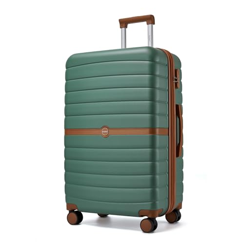 Kono Expandable 28 Inch Luggage with Spinner Wheels, Large Checked Luggage with Lock, Lightweight & Anti-Scratch PC+ABS Hardshell Travel Suitcase, Green/Brown - color: Green/Brown, size: Checked-large 28-inch