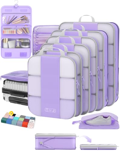 OlarHike 10 Set Compression Packing Cubes for Travel Essentials,Compressible Expandable Space Saver Bags for Organizing Clothes,Luggage Garment Bags with Over 1000 pcs Mesh Holes(Light Purple) - color: Light Purple