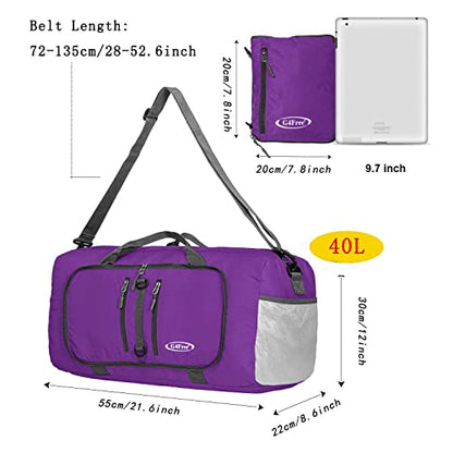 G4Free 40L/65L 접이식 더플 백, 방수 여행용 백팩, 야간 주말 스포츠 남성 여성용 경량 휴대용 가방 - color: 퍼플.