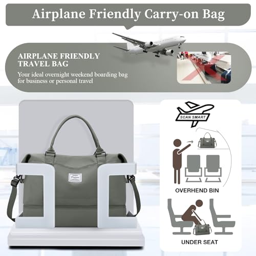 Weekender Bags for Women, Personal Item Travel Bag with Shoes Compartment - color: Olive Green, size: Large