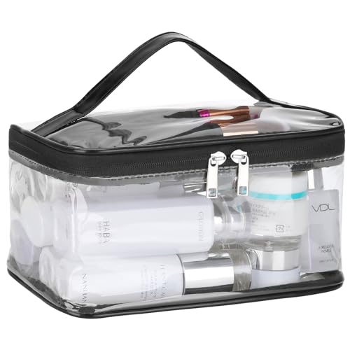 HAOGUAGUA Clear Makeup Cosmetic Bag with Brush Compartment, Portable Waterproof Travel Transparent Toiletry Bags for Traveling Storage Organizer (BLACK) - color: BLACK