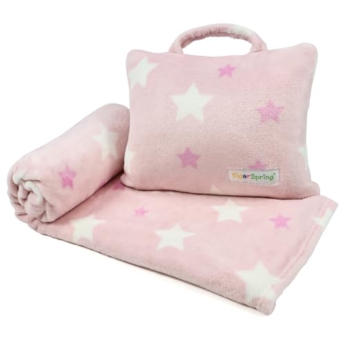3-in-1 Kids Travel Blanket and Pillow Set - 40x60 Inch Blanket - color: Pink Star