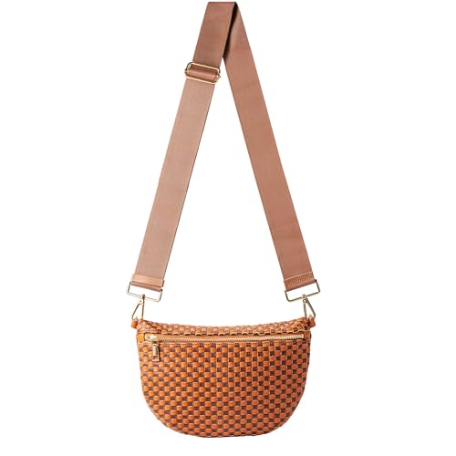 Woven Crossbody Bag for Women, Checkered PU Bum Bag Sling Purse with Adjustable Strap for Travel, Festivals - color: Brown and Coffee Checkered Woven