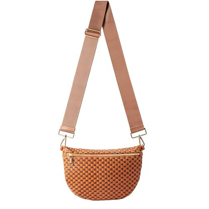 Woven Crossbody Bag for Women, Checkered PU Bum Bag Sling Purse with Adjustable Strap for Travel, Festivals - color: Brown and Coffee Checkered Woven