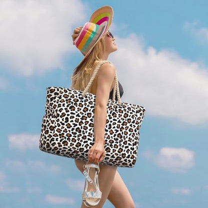 Becokan Beach Bag Large Beach Tote Bag for Women Waterproof Sandproof Swim Pool Bag With Zipper - color: White Leopard