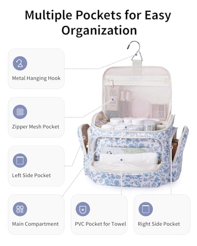 Narwey Hanging Travel Toiletry Bag for Women, Large Makeup Cosmetic Bag - color: Y-Blue Flower
