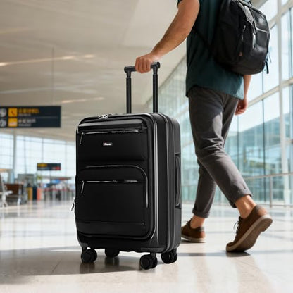28 Inch Luggage with Spinner wheels, Expandable Hybrid Soft Front & Hard Shell Large Checked Luggage with TSA Lock, Black - color: Black, size: 28 Inch