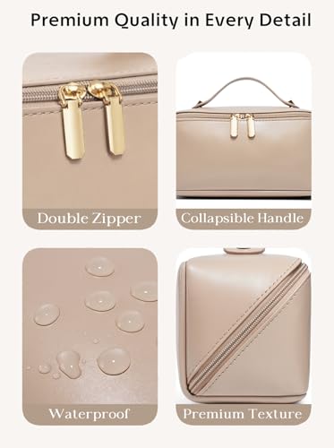 ALEXTINA Travel Makeup Bag, PU Leather Cosmetic Bag, Khaki - color: smooth khaki, size: Medium