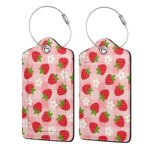 Luggage Tag for Suitcase TSA Cute Unique Leather Bag Tags Identifiers Privacy Cover ID Label with Durable Steel Loop for Women Men Kids Girls Travel - color: Strawberry