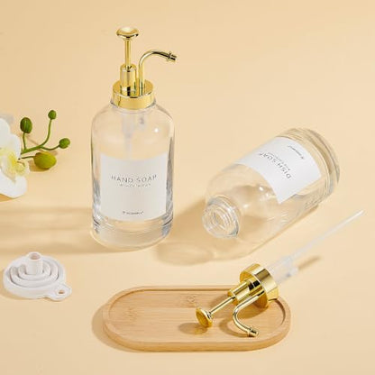 Kitchen Soap Dispenser Set of 2, 16.9 oz Glass, Gold Stainless Steel Pump - color: Dm2648-gold